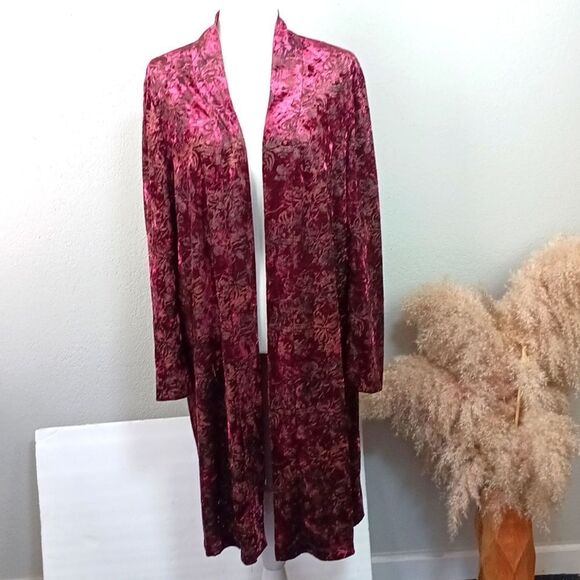 Women's long-sleeve burgundy  floral velvet burn out long open front cardigan XL - Picture 1 of 12